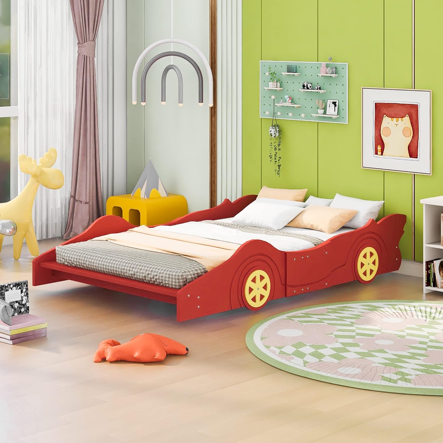Full Size Race Car-Shaped Platform Bed with Wheels, Kids Car Bed, Wooden Car Shaped Platform Bed Frame for Kids Boys Girls Bedroom, No Box Spring Needed, Rails Design On Both Side, Full, Red