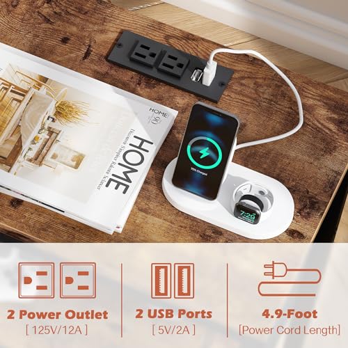 SUPERJARE Nightstand with Charging Station, Fabric Drawer, 3-Tier Storage, Walnut K366263