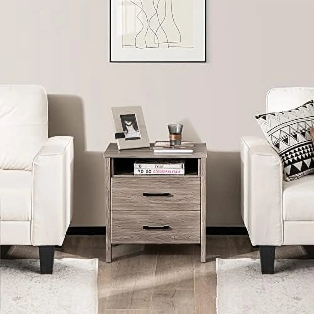 RUNFAYBIU Nightstand with 2 Drawers Wooden End Table Oak S202392