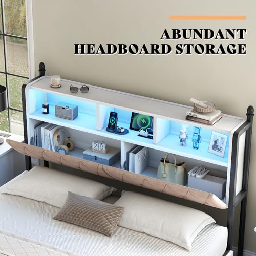 AMERLIFE Full Size Bed Frame with Bookcase Headboard, Charging Station, Rustic Brown H544
