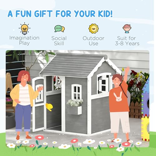 Outsunny Wooden Playhouse for Kids with Floor, Door, Windows & Planter Box, Gray J692318
