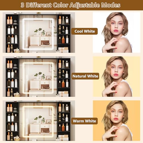 White Vanity Desk with Mirror and Lights, Glass Top, 3 Drawers V863482