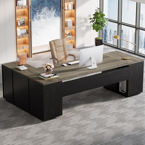 Tribesigns 85.8-Inch L-Shaped Executive Desk with File Drawers & Shelves, White & Brown I578