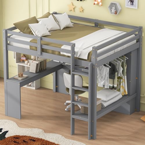 SOFTSEA Full Size Loft Bed with Desk & Wardrobe, White F150304