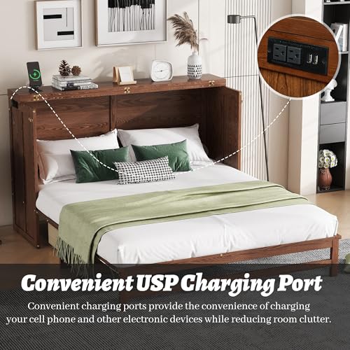 Queen Murphy Bed Cabinet with Storage Drawer and Charging Station, Solid Pine, White A401
