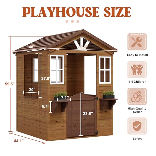 Cedar Wooden Kids Playhouse with Play Kitchen and Vinyl Roof U118424