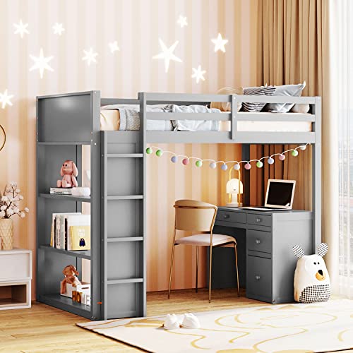 Harper & Bright Designs Full Size Loft Bed with Wardrobe and Desk, Solid Wood, White R4710