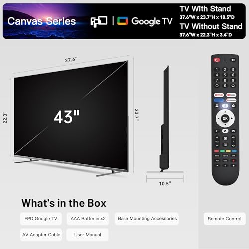 FPD 43 Inch Smart TV Flat Screen Frame LED Television Full HD 1080p Google Cast Built in, Streaming Live Ultra Thin HDR10 Android TV, Bluetooth, Vesa, Hdmi, WiFi (Palette-Series 2025) Y940
