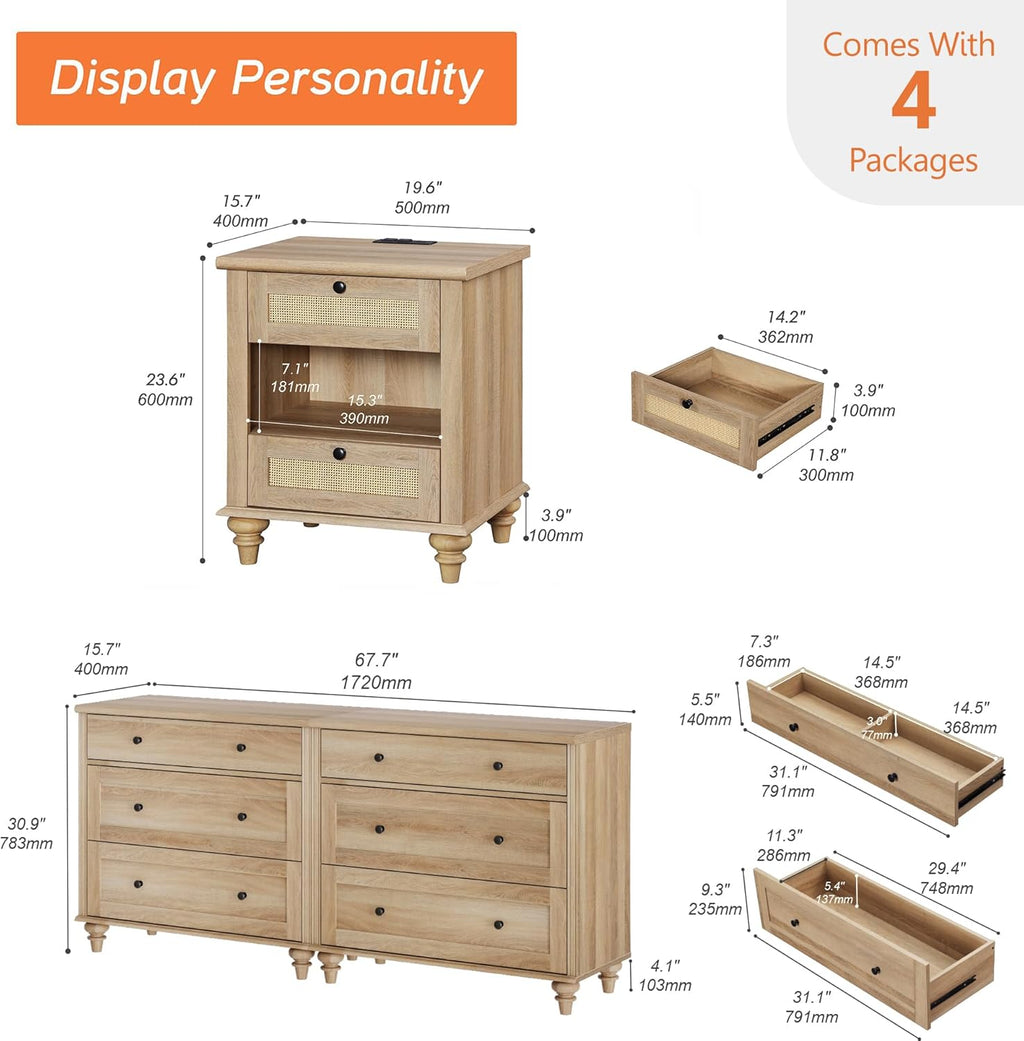 WAMPAT 4 Piece Bedroom Set with 2 Dressers and 2 Nightstands, Oak P906