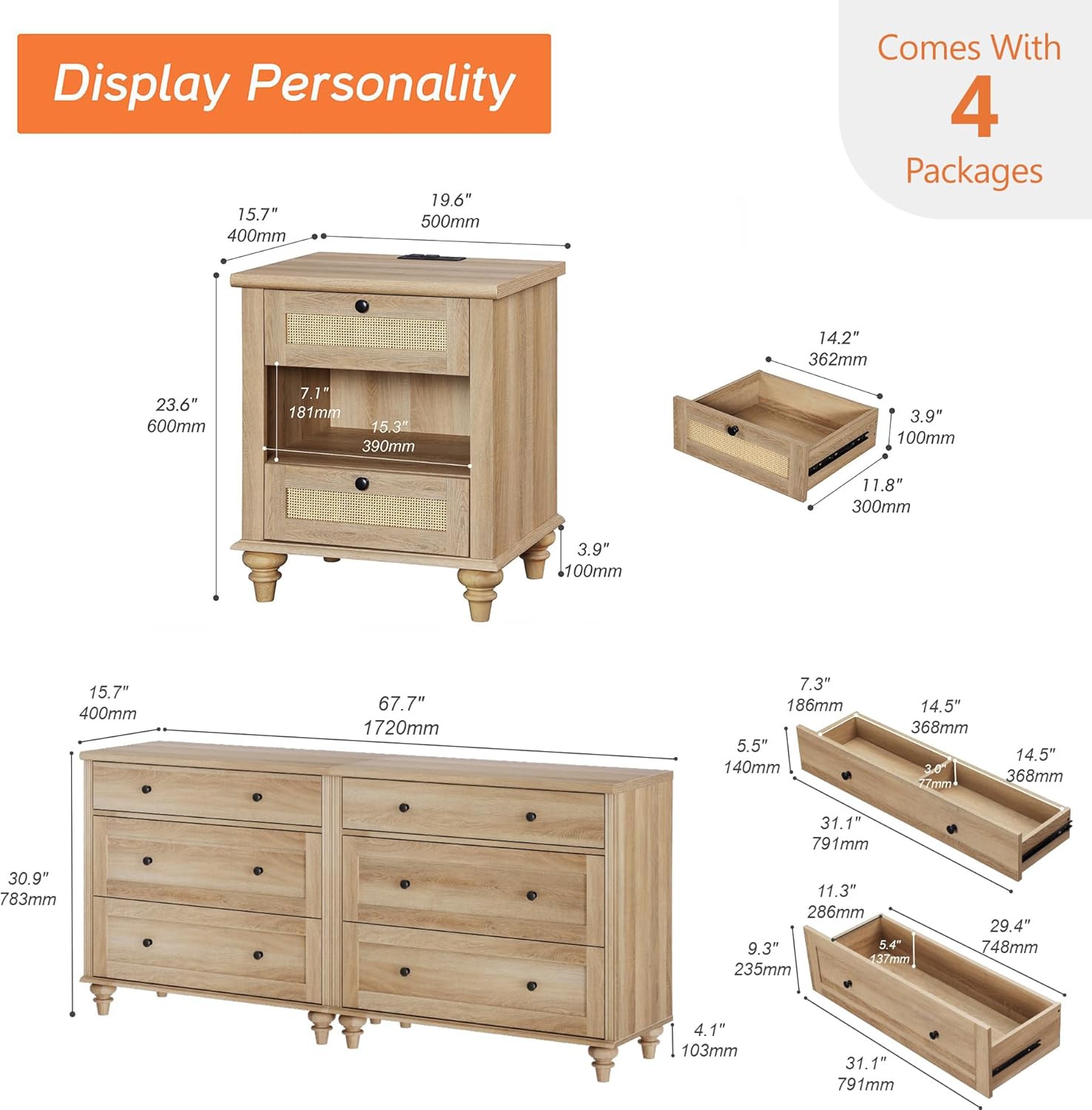 WAMPAT 4 Piece Bedroom Set with 2 Dressers and 2 Nightstands, Oak P906