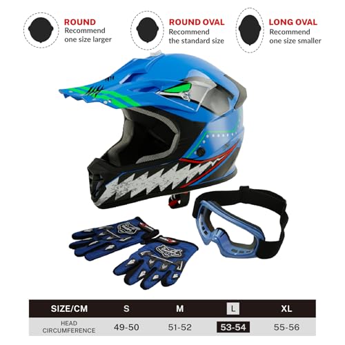 SLMOTO Dot Youth Kids Motocross Offroad Helmet with Goggles and Gloves Blue Skull D851858