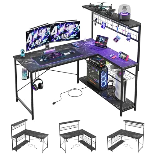 Bestier 42 L Gaming Desk with Power Outlets, LED Lights and Shelves D8630