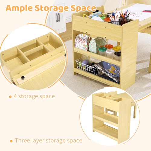 Kids Art Table with 2 Chairs, Toddler Craft Wood Activity Desk with Storage Shelves O767611