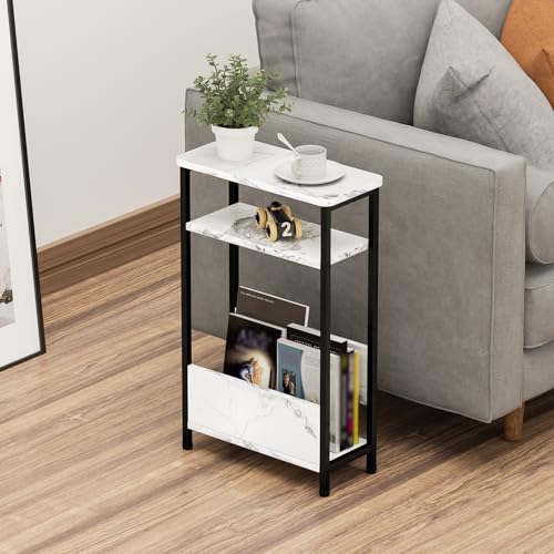 7.1" Narrow 3-Tier Side Table with Magazine Holder, Faux White Marble R580691