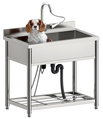 Stainless Steel Large Utility Sink Single Bowl, Freestanding Laundry Sink with Pull-Out Faucet, Utility Sink for Laundry Room, Garage, Kitchen, Outdoor/Indoor Use, W35.4" x D22.4" x H37"
