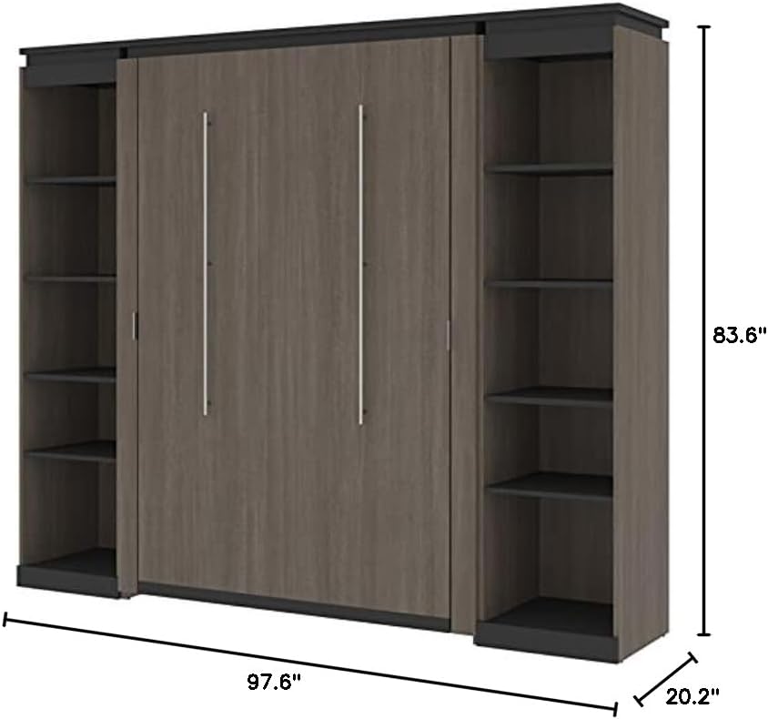 Atlin Designs 98" Full Murphy Bed with 2 Narrow Bookcases in Bark Gray