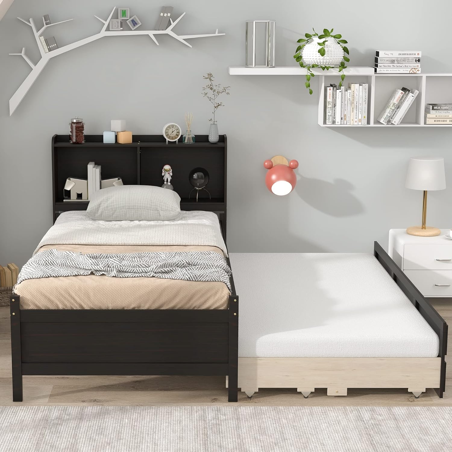 Twin Captain’s Bed with Bookcase Headboard and Trundle, Espresso K258180