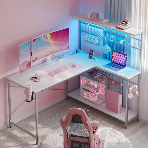 Bestier 42 L Gaming Desk with Power Outlets, LED Lights and Shelves D8630