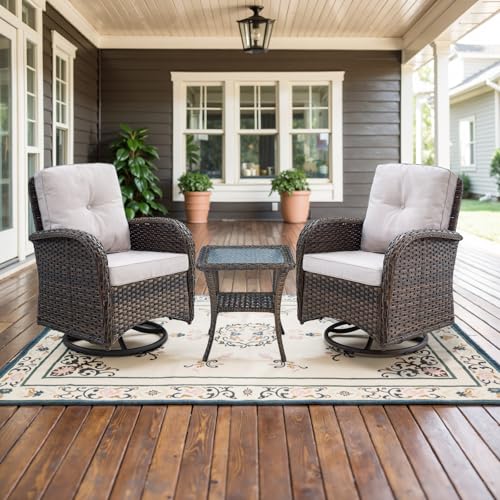 Outdoor Wicker Swivel Rocker Chairs Set of 2 with Rattan Side Table, Brown/Blue B592