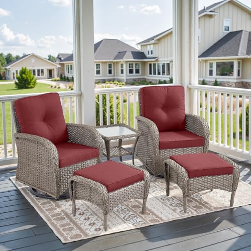 Outdoor Wicker Swivel Rocker Chairs Set of 2 with Rattan Side Table, Brown/Blue B592