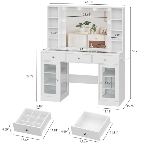 White Vanity Desk with Mirror and Lights, Glass Top, 3 Drawers V863482