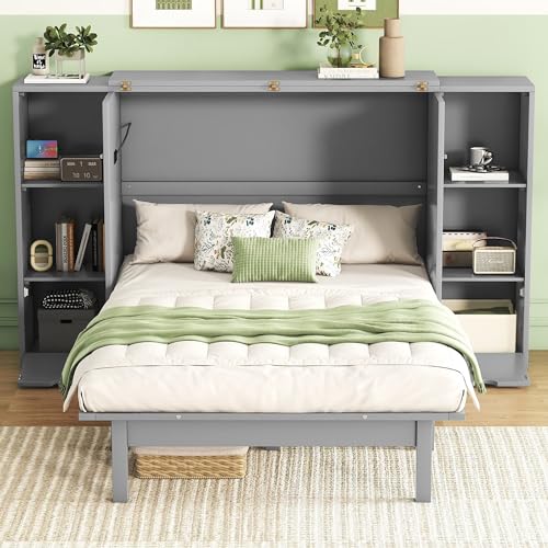 Ball & Cast Queen Size Solid Pine Murphy Bed with Charging Station, White + Walnut P2075