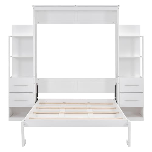 PURLOVE Queen Size Solid Wood Murphy Bed with Shelves and LED Lights H5456
