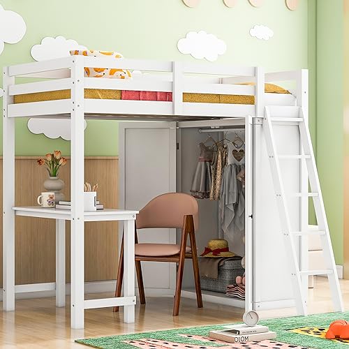 Harper & Bright Designs Full Size Loft Bed with Wardrobe and Desk, Solid Wood, White R4710