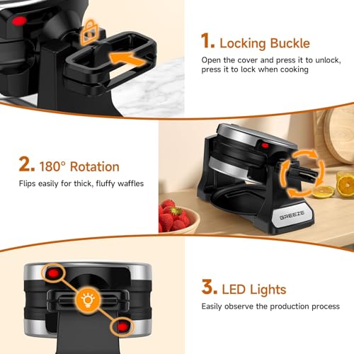 Double Belgian Waffle Maker 1400W, Rotating Nonstick Plates, Stainless Steel P913