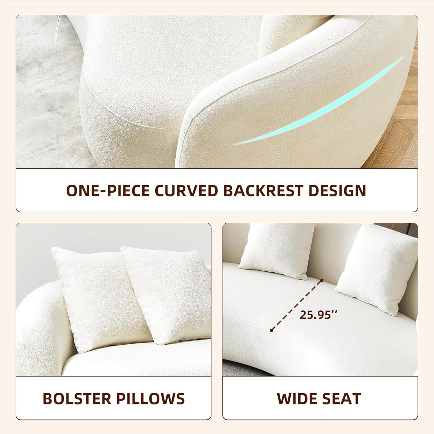 Teddy Fabric Curved 101" Mid Century Modern Half Moon Sectional Sofa with 4 Throw Pillows U200