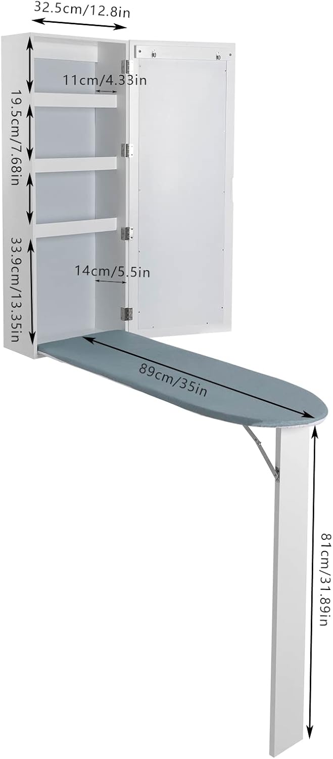 Wall-Mounted Ironing Board Cabinet with Mirror, White B1815