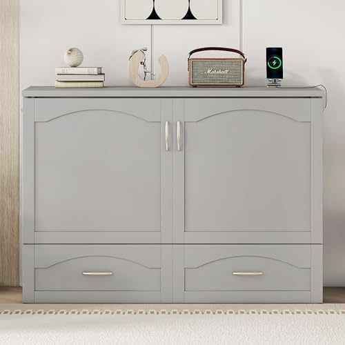Queen Size Murphy Bed Wall Bed with Storage and Bookcase Headboard, Solid Wood, White H58166