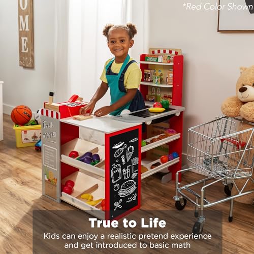 Pretend Play Grocery Store Wooden Supermarket Toy Set for Kids with Play Food, Cash Register, Conveyor - Red I3448