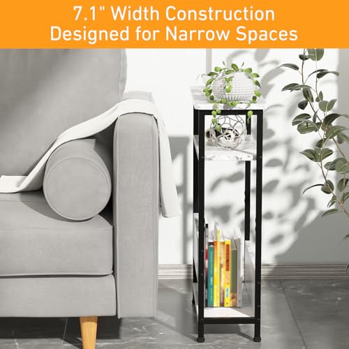 7.1" Narrow 3-Tier Side Table with Magazine Holder, Faux White Marble R580691