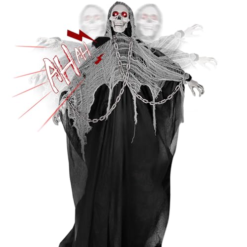 74'' Halloween Outdoor Decorations, Life Size Sound Activated Skeleton Ghost with Light Up Eyes E958980