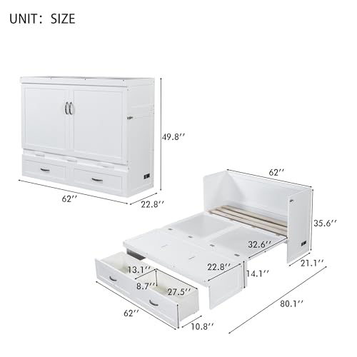 Harper & Bright Designs Queen Murphy Bed Cabinet with USB Charging Station, White D9669