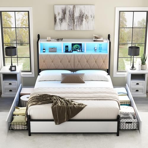AMERLIFE Full Size Bed Frame with Bookcase Headboard, Charging Station, Rustic Brown H544
