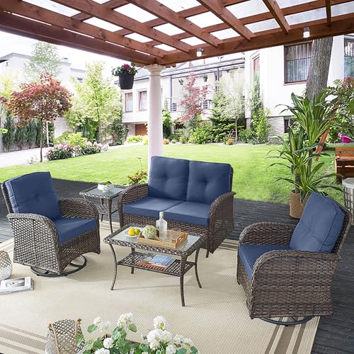 Outdoor Wicker Swivel Rocker Chairs Set of 2 with Rattan Side Table, Brown/Blue B592