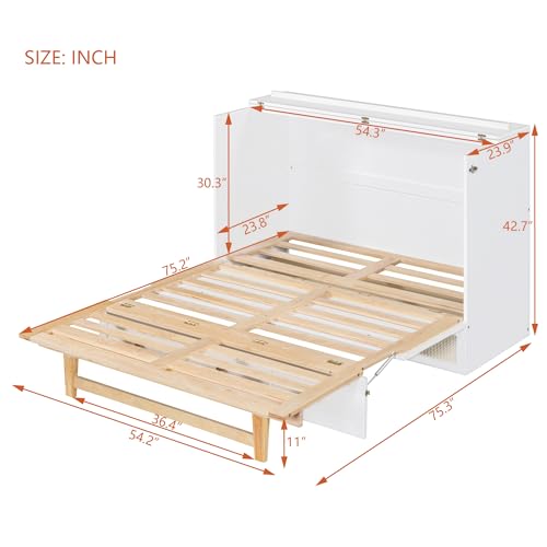 Ball & Cast Queen Size Solid Pine Murphy Bed with Charging Station, White + Walnut P2075