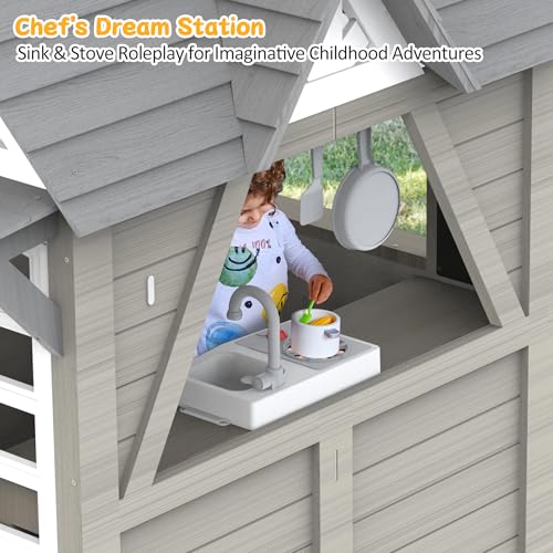 Kids Playhouse Outdoor Wooden Playset for Kids Ages 3-8, Gray N122654