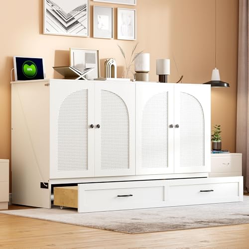 Harper & Bright Designs Queen Murphy Bed Cabinet with USB Charging Station, White D9669