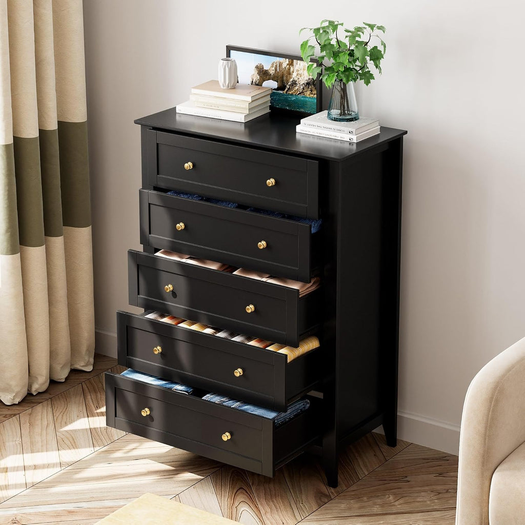 5 Drawer Dresser for Bedroom, Tall Wood Chest with Metal Knobs, Black X296