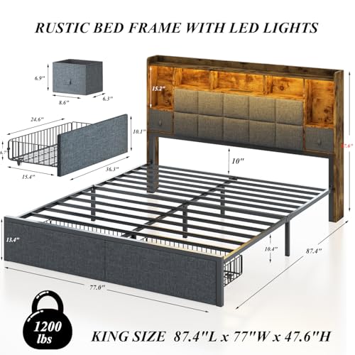 LED Bed Frame Full Size with Bookshelf Headboard and Charging Station R978868