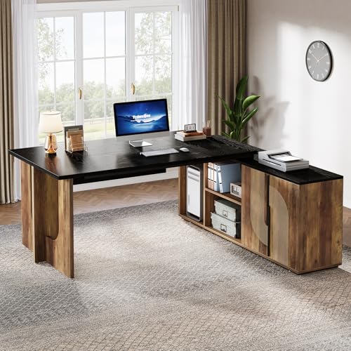Tribesigns 74.8" L Shaped Executive Desk with Shelves, Black and Brown R6407