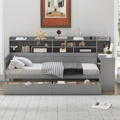 Bellemave Twin Corner Bed Frame with Storage Shelves and Desk, Gray L74206