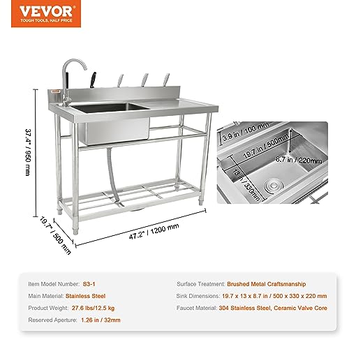 VEVOR Stainless Steel Utility Sink with Workbench Faucet and Legs, 39.4 x 19.1 x 37.4 in L559