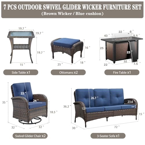 Outdoor Wicker Swivel Rocker Chairs Set of 2 with Rattan Side Table, Brown/Blue B592