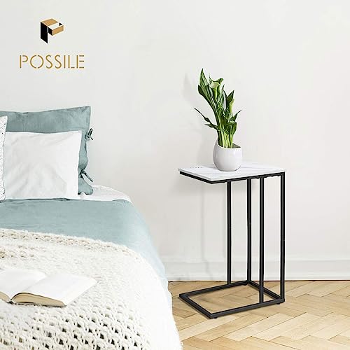 C Shaped Side Table Set of 2, Marble End Table for Sofa and Bed, White and Black O683294