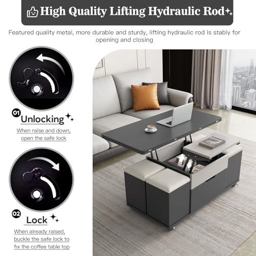 Modern Lifting Coffee Table with 4 Stools and Storage D3758