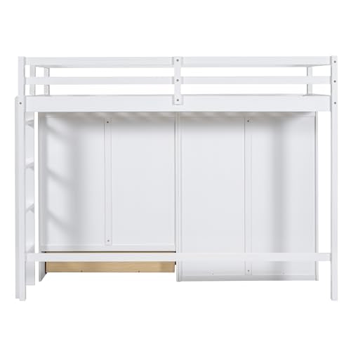 Harper & Bright Designs Twin Size Loft Bed with L-Shaped Desk and Stairs, Solid Wood, White D768